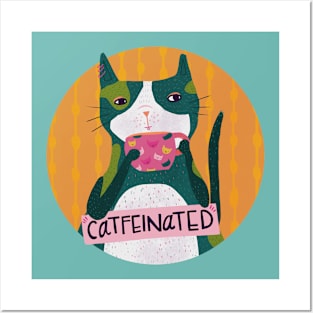 Catfeinated Cat Pun Cute Whimsical Drawing Posters and Art